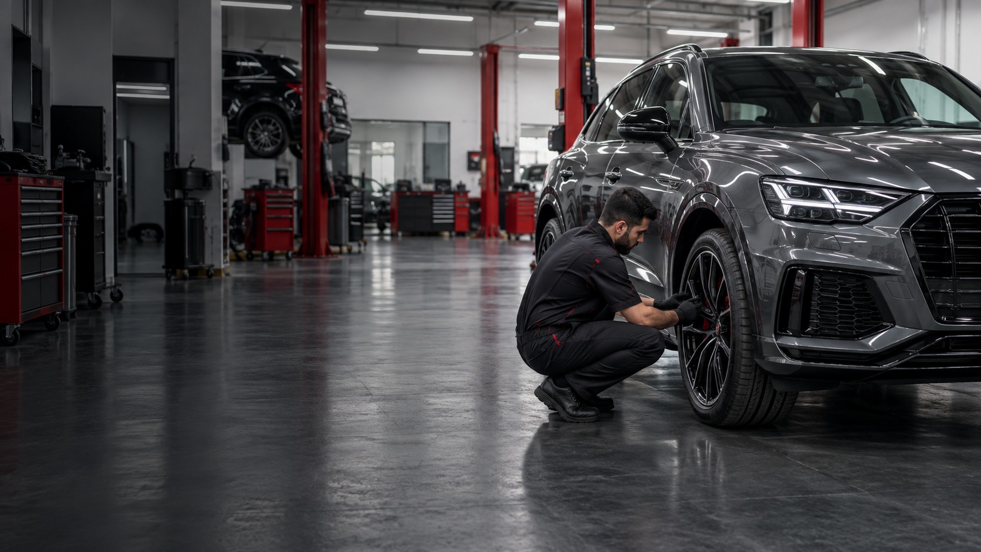 Premium vehicle being serviced inside a clean, modern automotive workshop
